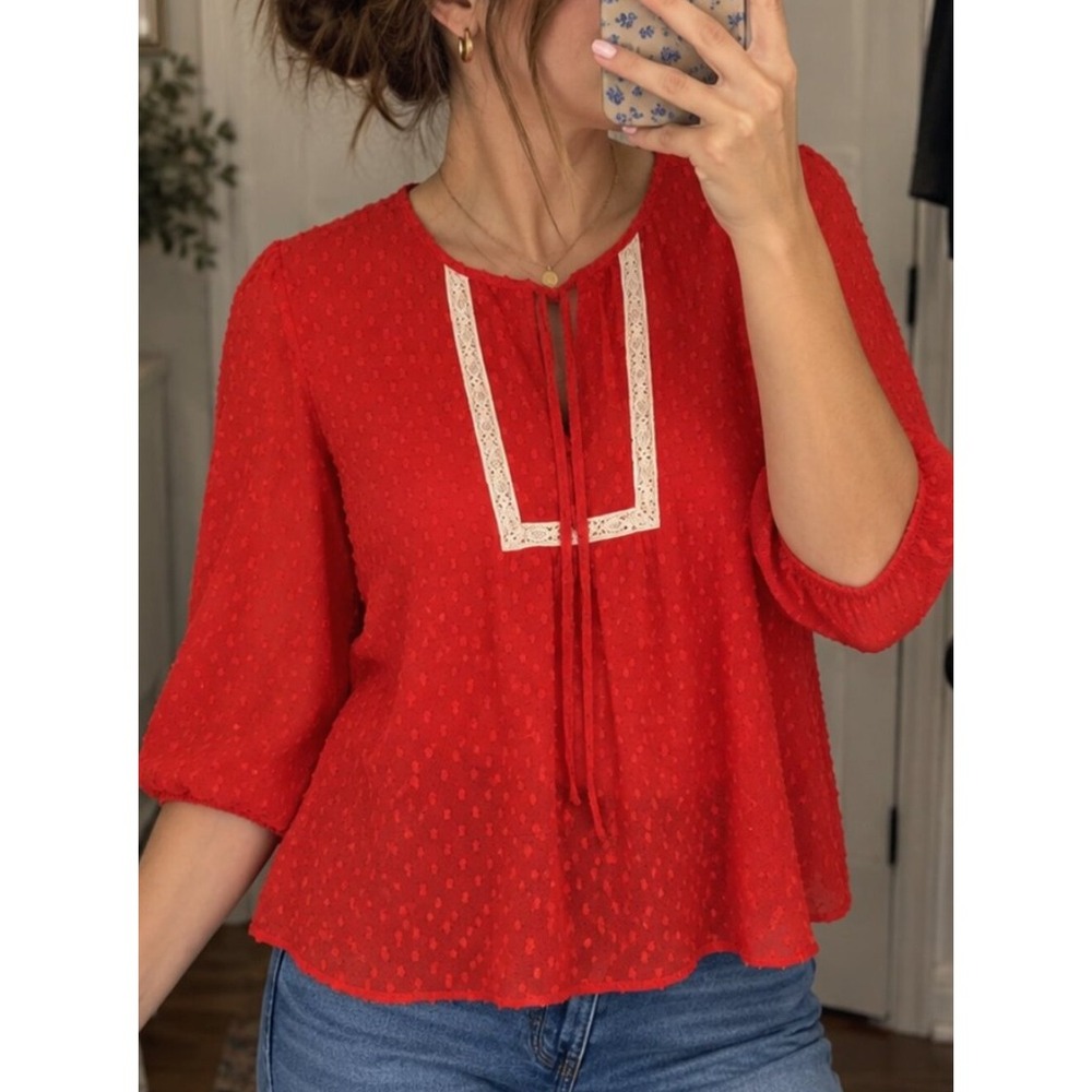 Collective Concepts Swiss Dot Blouse M Coral Peasant Boho Lace Trim Tassel